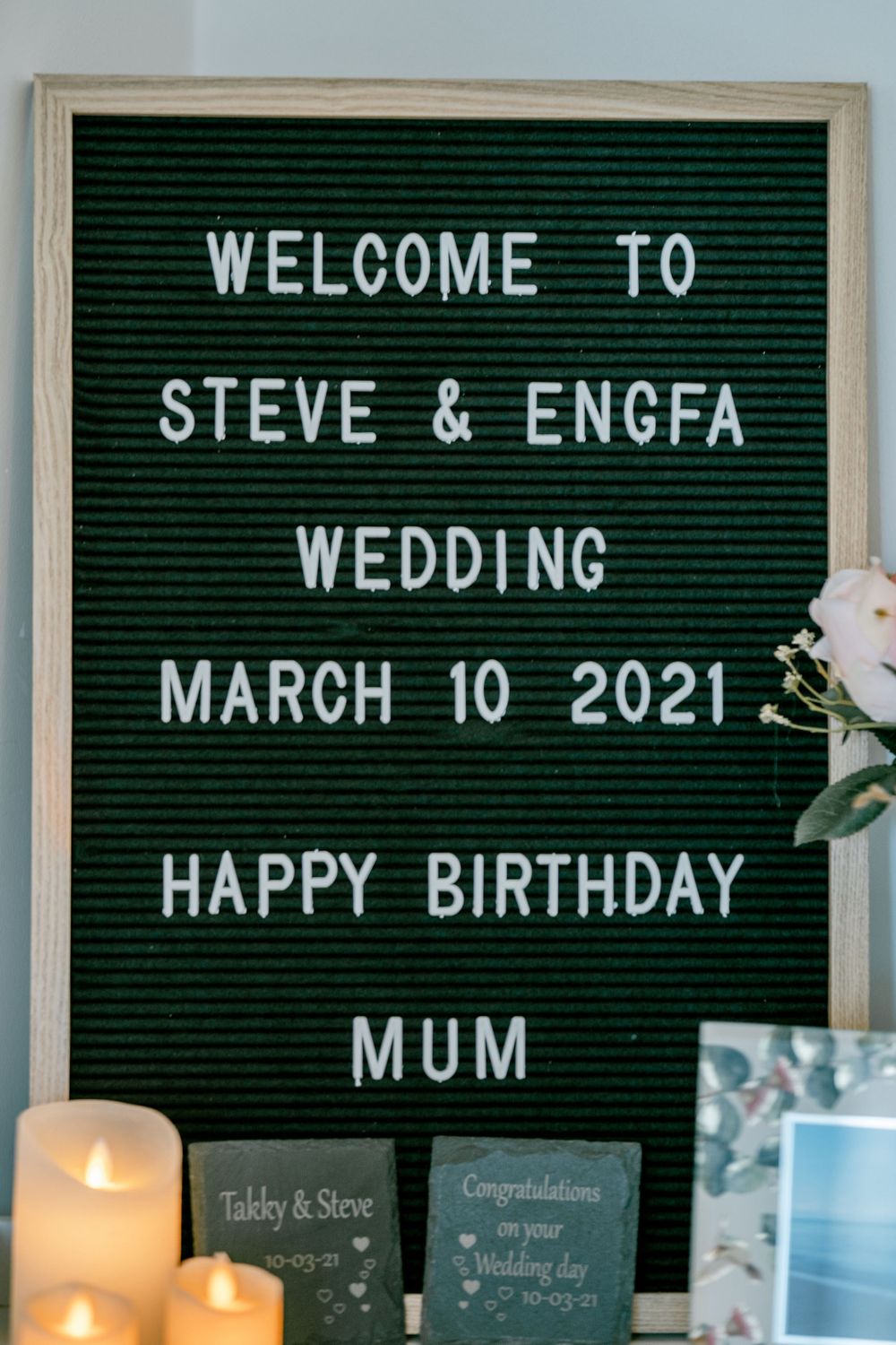 DIY Wedding welcome sign incorporating mothers birthday backyard wedding melbourne