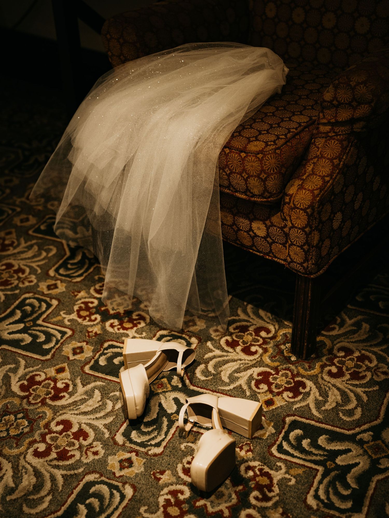 Flat lay - veil and bridal shoes, Flora & Jay's Wedding at Old Mill Toronto, Toronto, Ontario