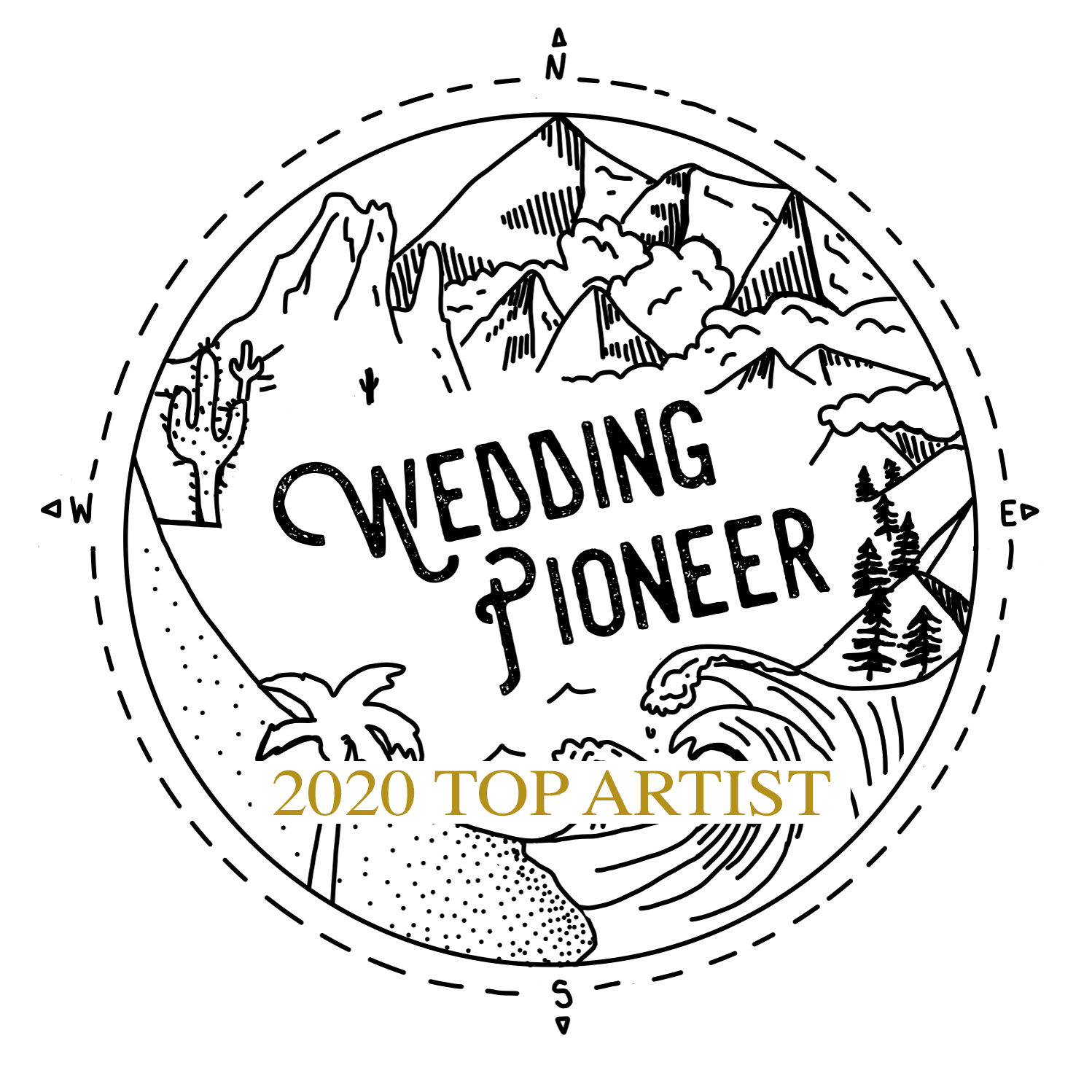 Hand-drawn circular badges with outdoor and adventure themed illustrations.