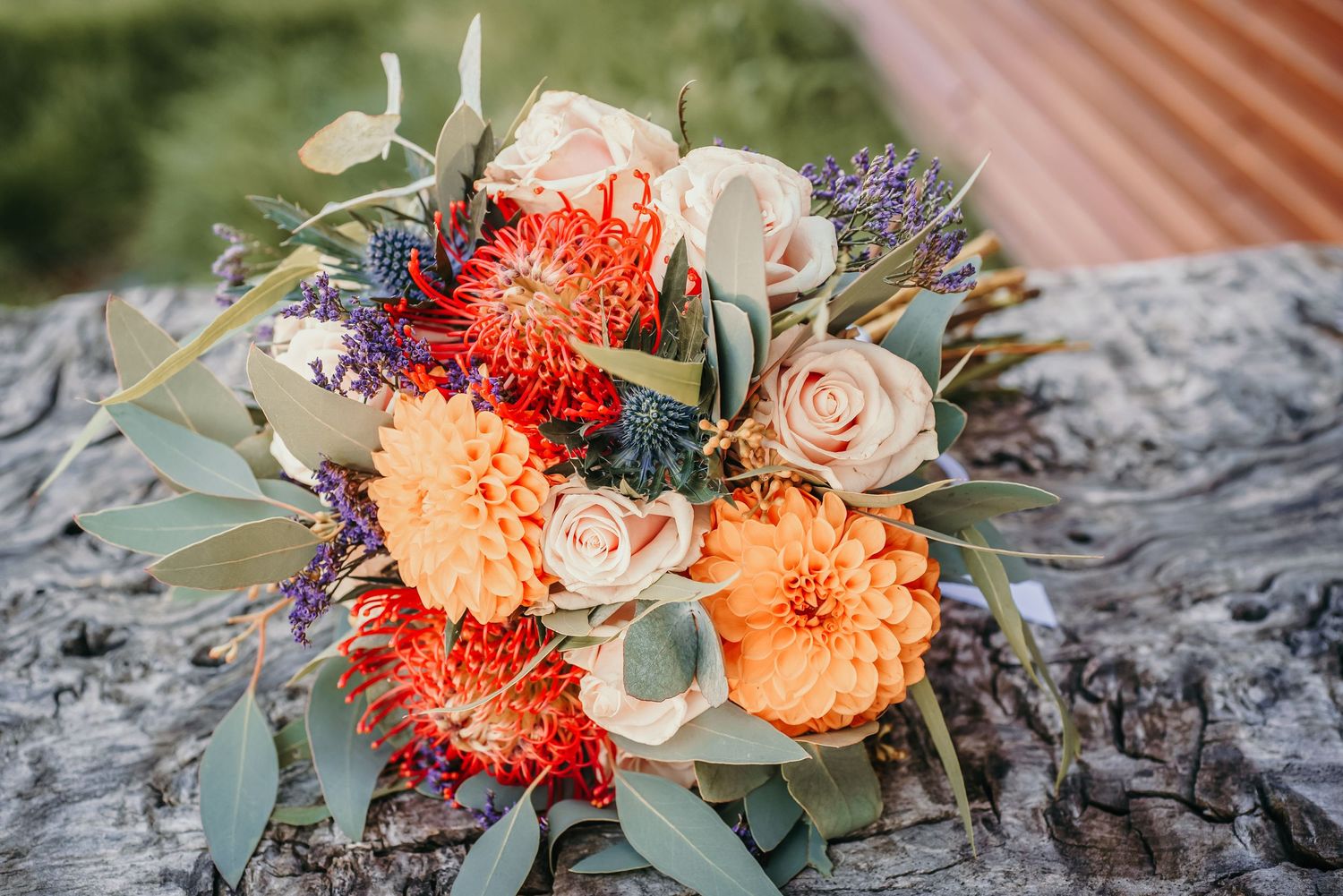 Wedding bouquet with coral pin cushion proteas, roses, and eucalyptus leaves.