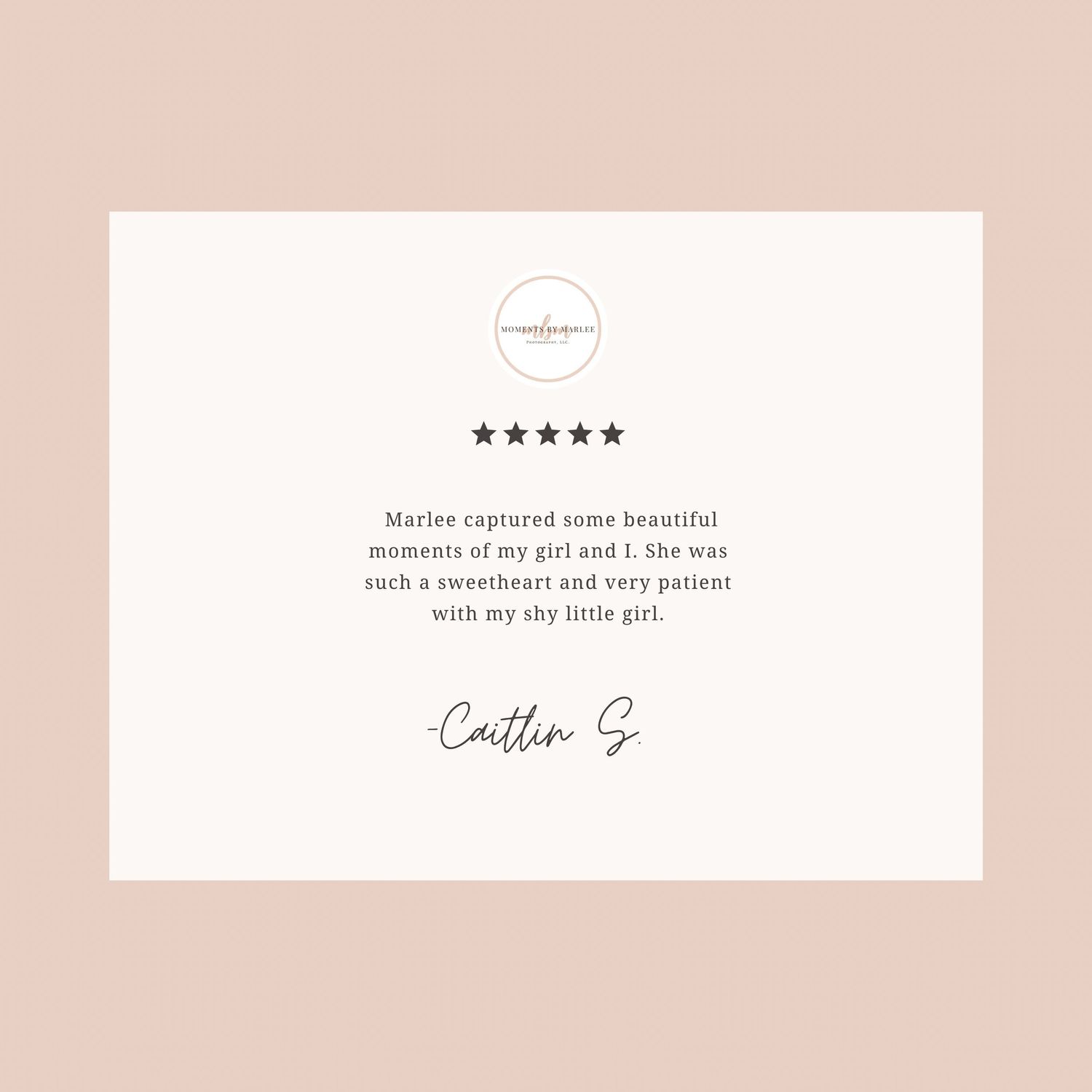Five star customer review testimonial on a pink background with logo and signature.
