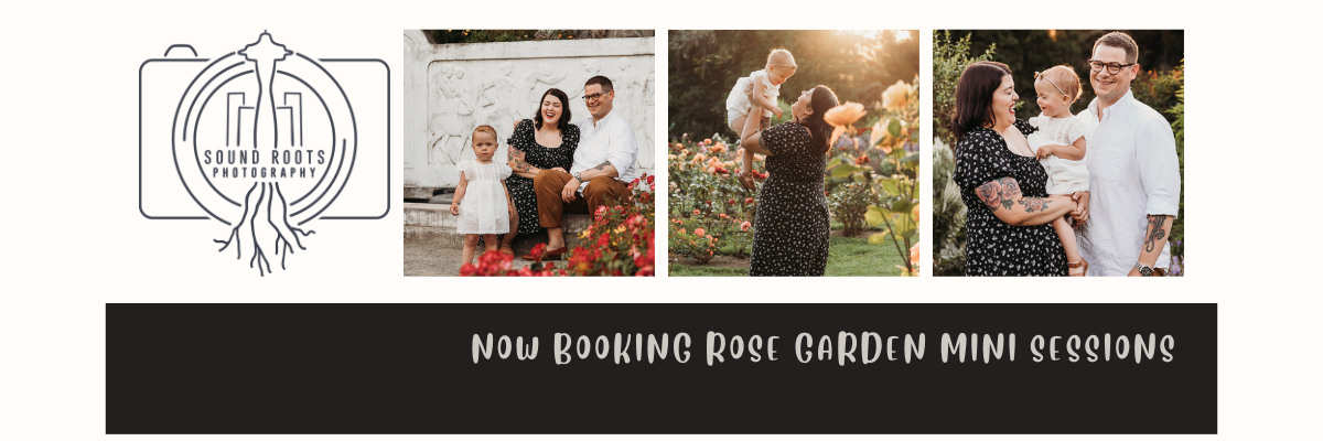 Photography logo with three lifestyle photos showing outdoor photo sessions on a black banner design.