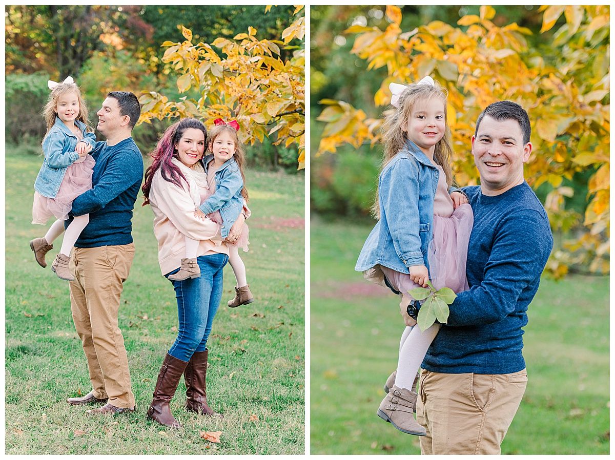 Fall family pictures with leaves at Holliday Park Indianapolis Indiana young twin girls