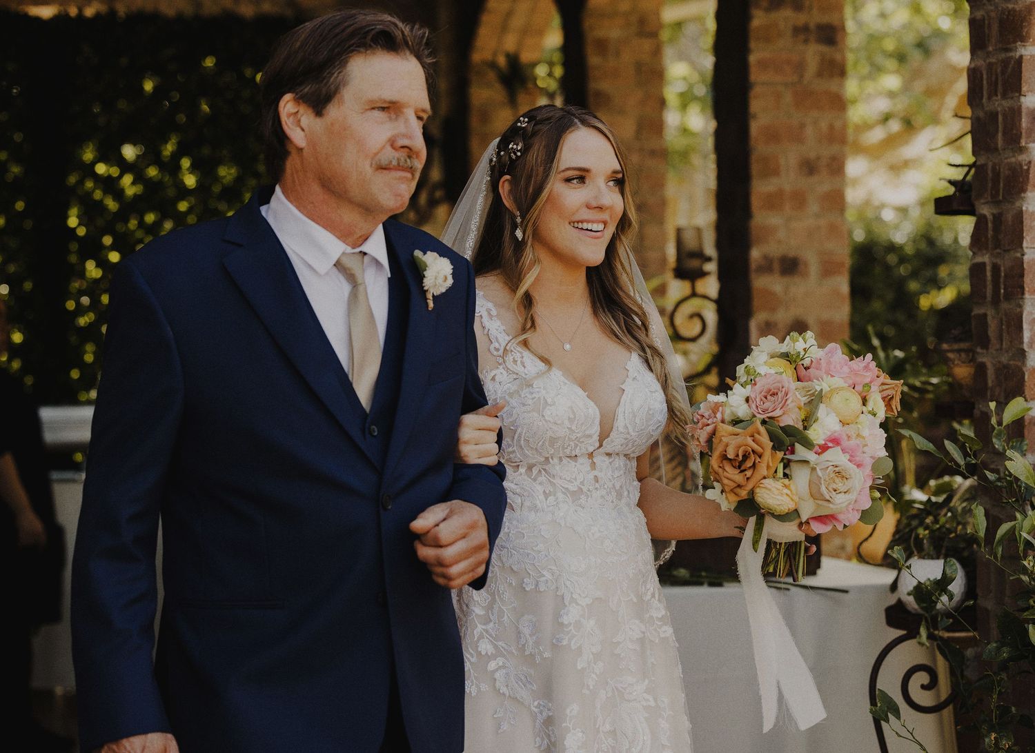 E Noelle Photography backyard wedding in Hidden Hills Los Angeles, bride coming down aisle with dad