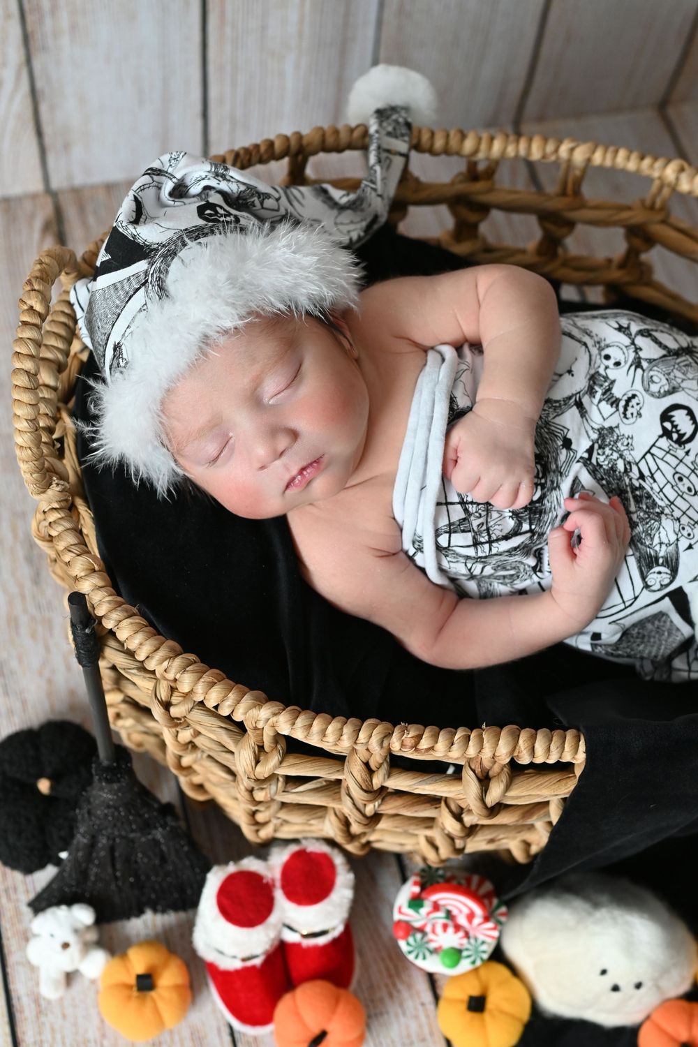 Sleeping baby in black and white wrap with fuzzy white headpiece in basket with plush decorations.