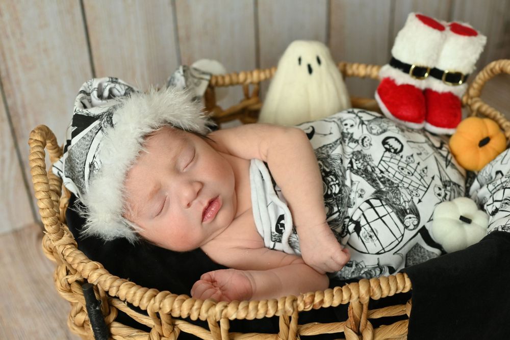 Newborn sleeping in woven basket with Halloween themed decorations and plush toys.
