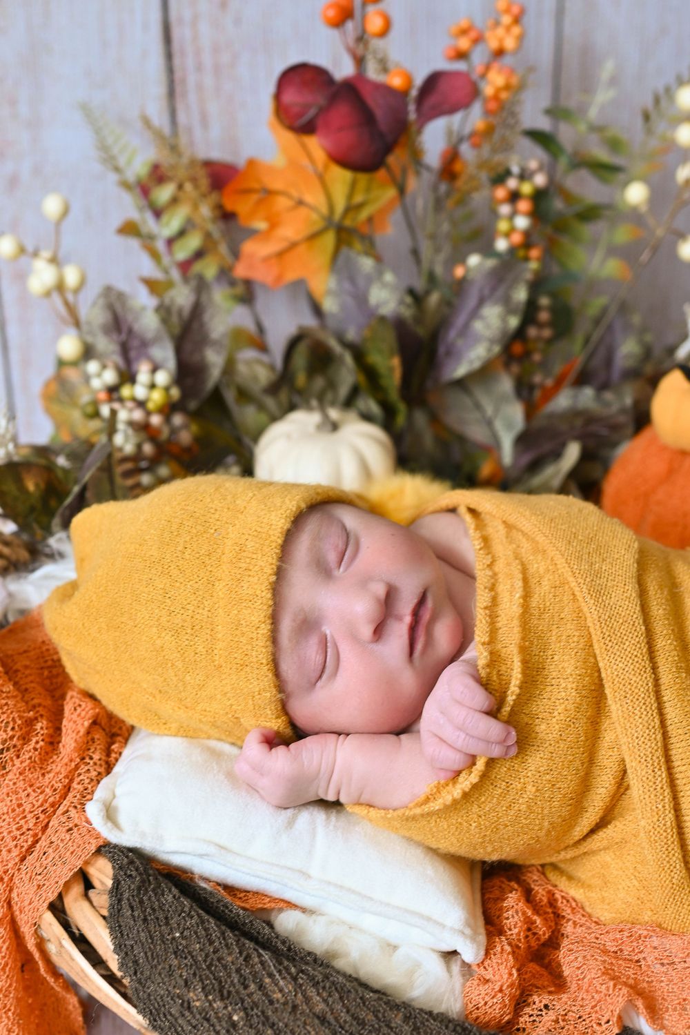 Sleeping infant wrapped in yellow blanket posed with autumn decor including pumpkins and fall florals.
