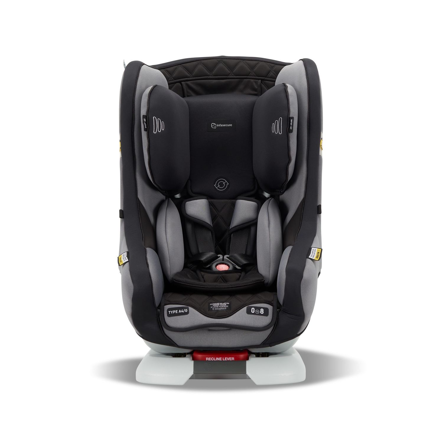 Modern car seat design featuring gray and black color scheme with enhanced safety features.