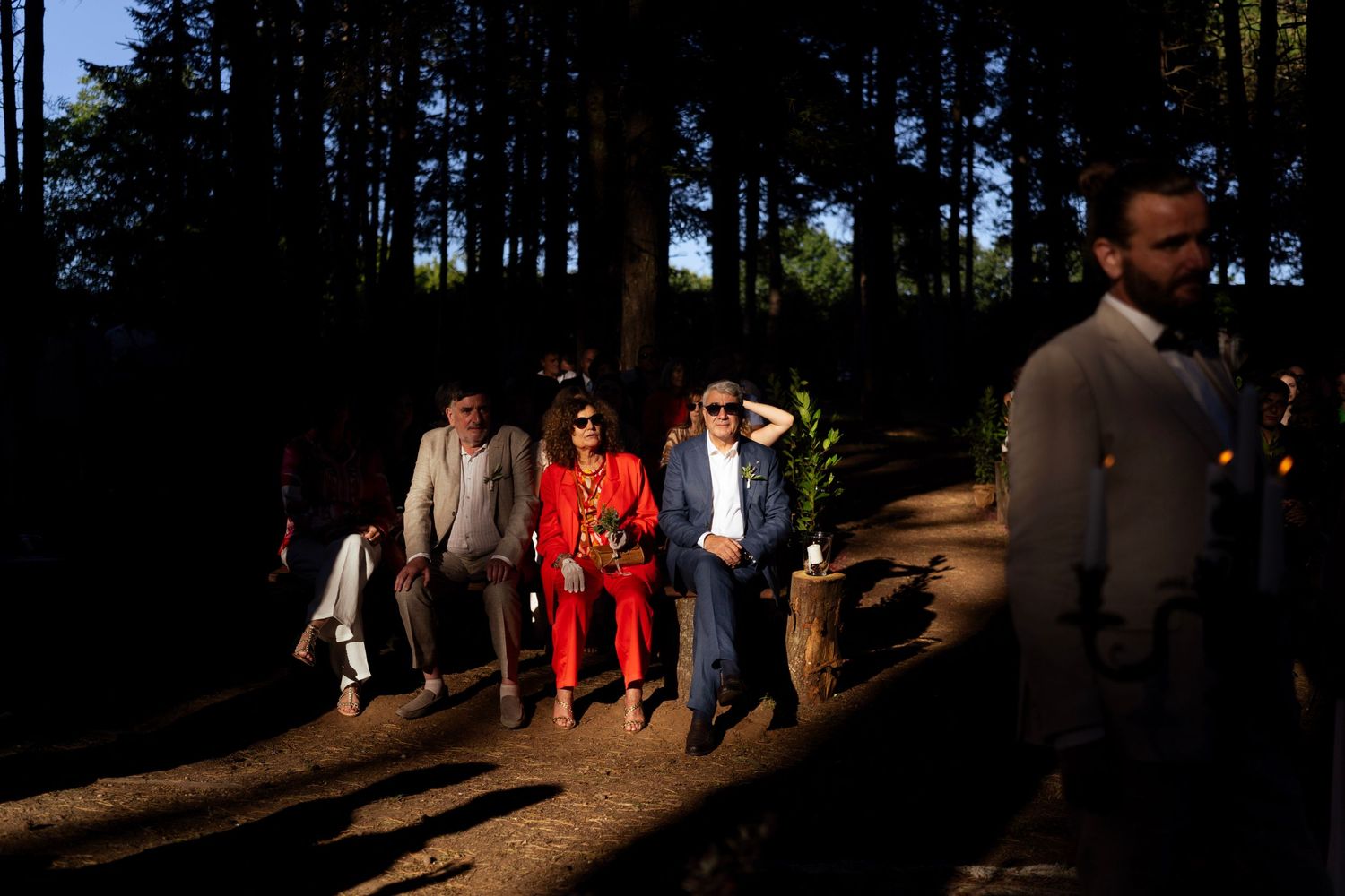 Wedding attendees gathered along a sunlit forest path during an outdoor celebration.
