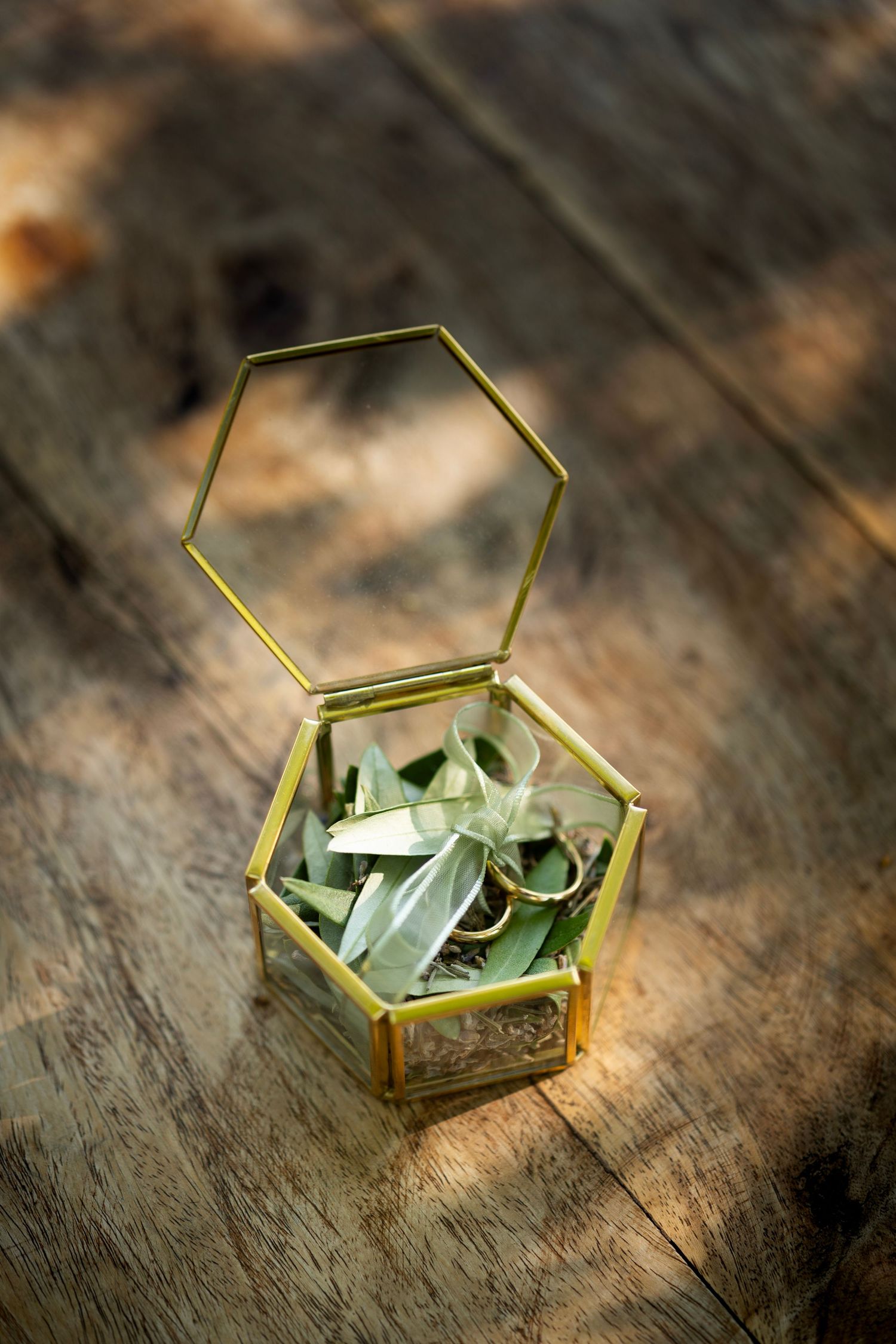 A small hexagonal glass box with gold trim containing sage leaves on a rustic wooden surface.