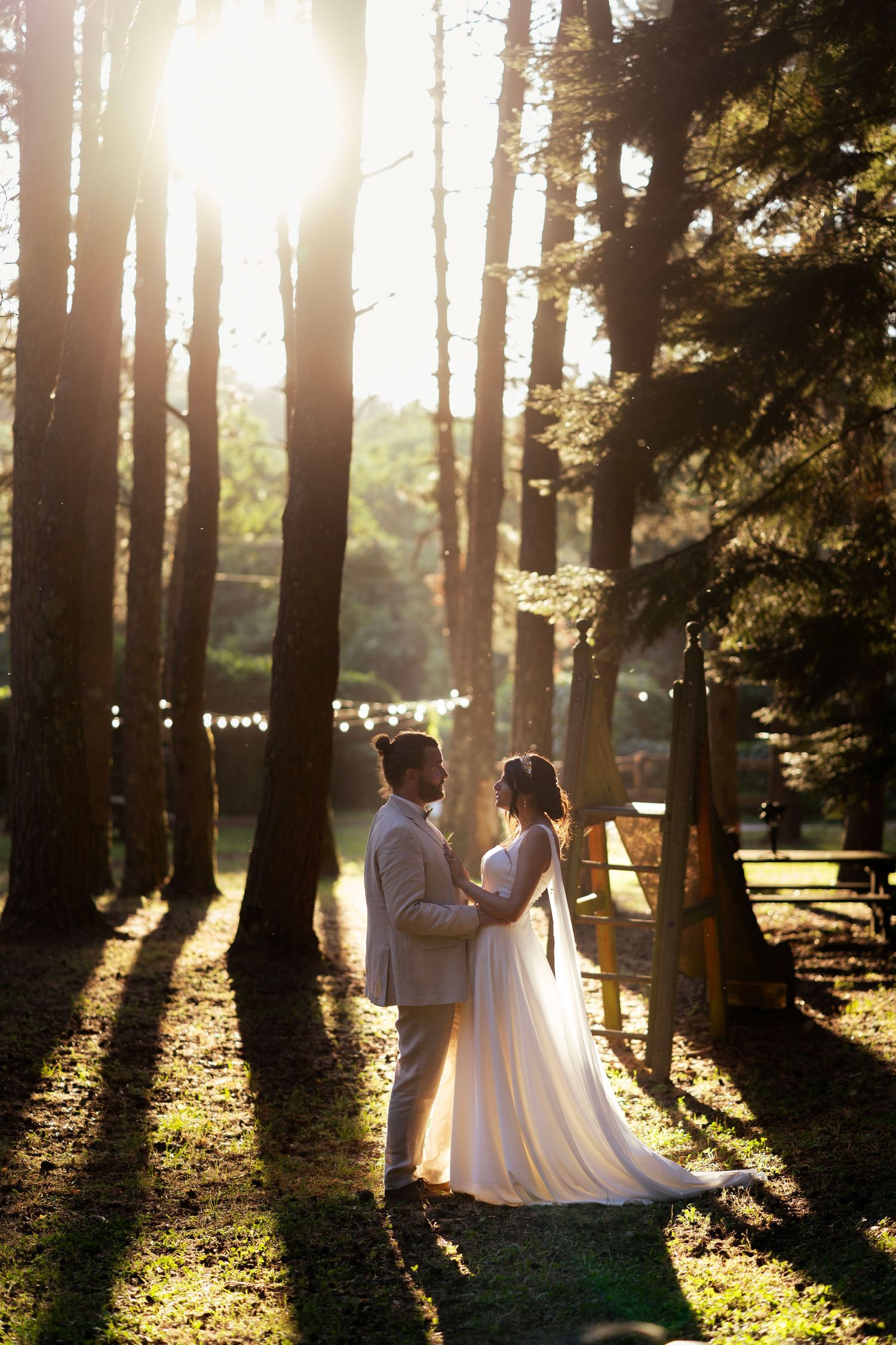 Sunlit wedding portrait in a majestic forest with light streaming through tall trees.
