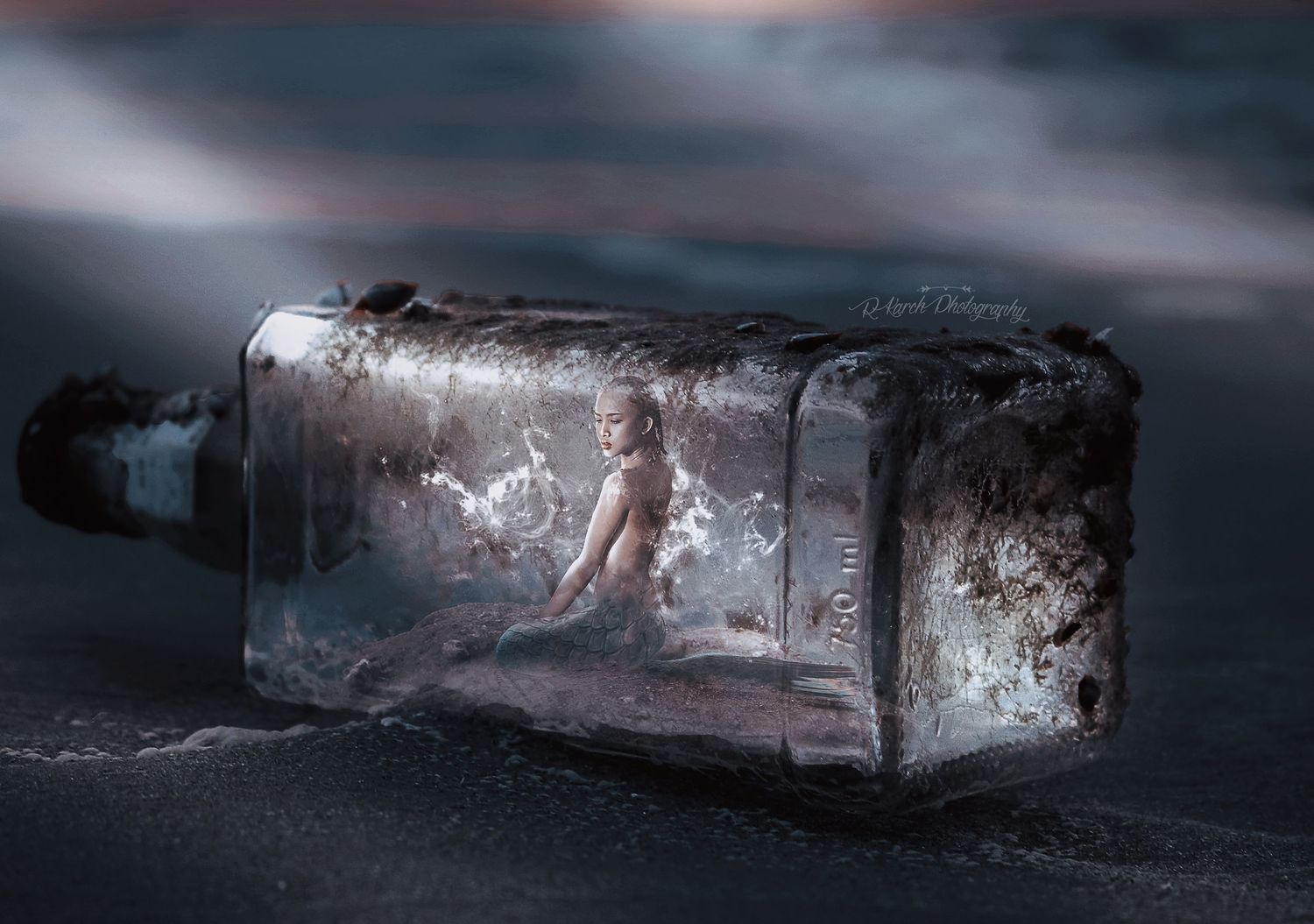 Surreal miniature scene of a figure trapped inside a glass bottle on a dark surface.