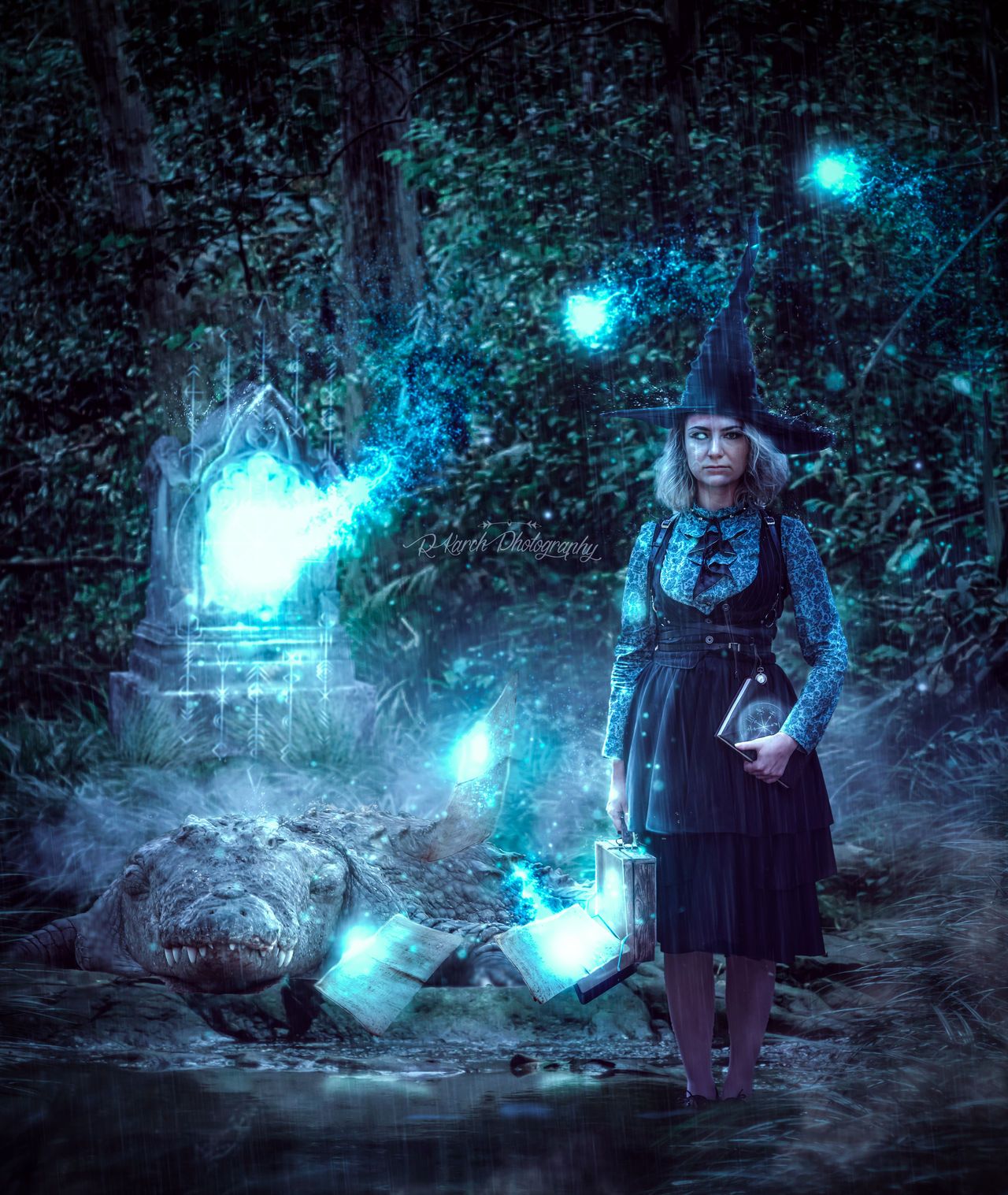 Dark fantasy scene with glowing blue lights and fog in a mystical forest setting.