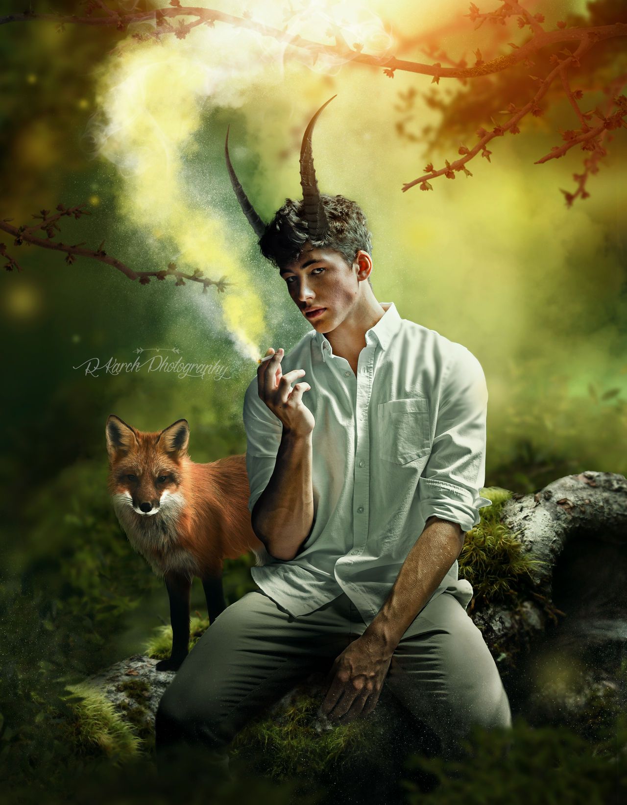 Mystical fantasy portrait featuring a person with a fox in an enchanted forest setting.