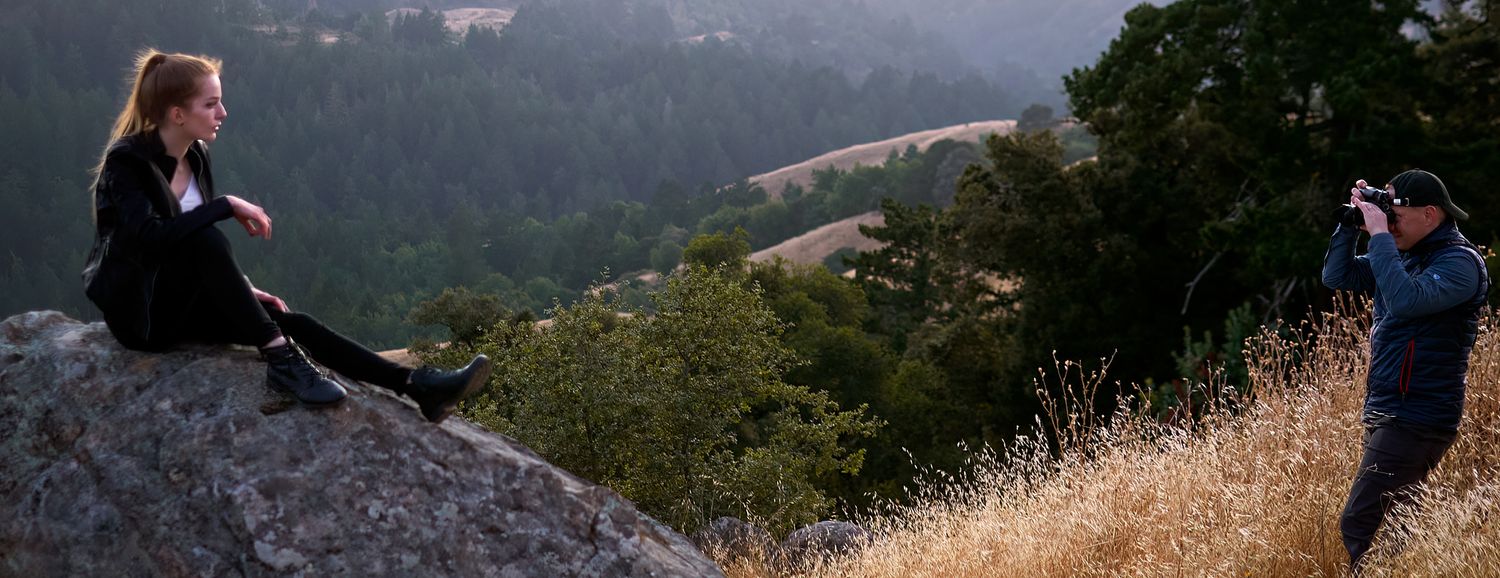 Photo of Thomas Neil Clarke taking a photo of Model Katie in Russian Ridge Open Space Preserve, California