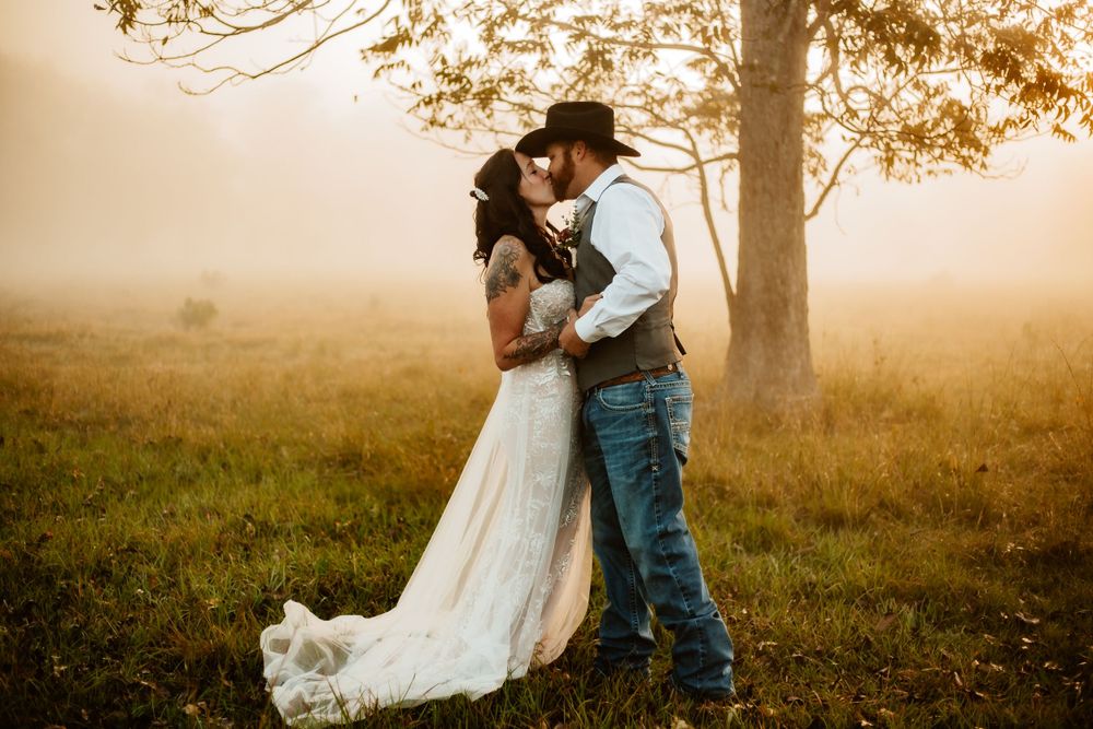 A romantic wedding couple embraces in a misty field at sunset with a tree silhouetted in the background.