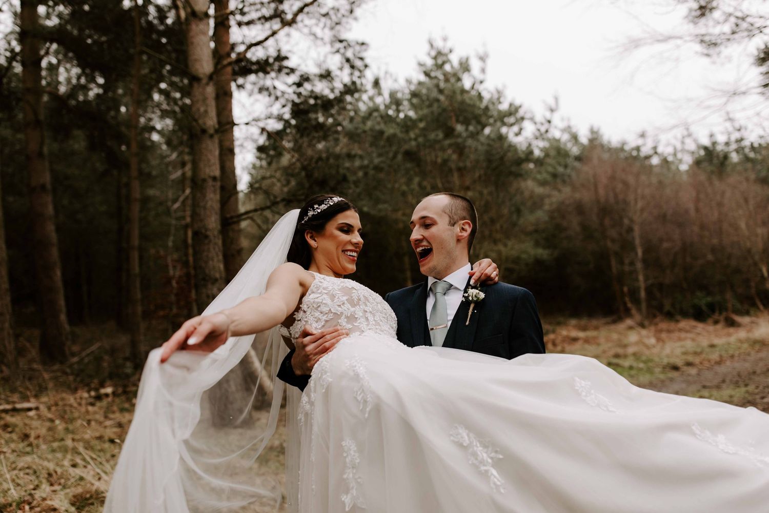 Northumberland wedding at Healey Barn, in the woods, couple dancing