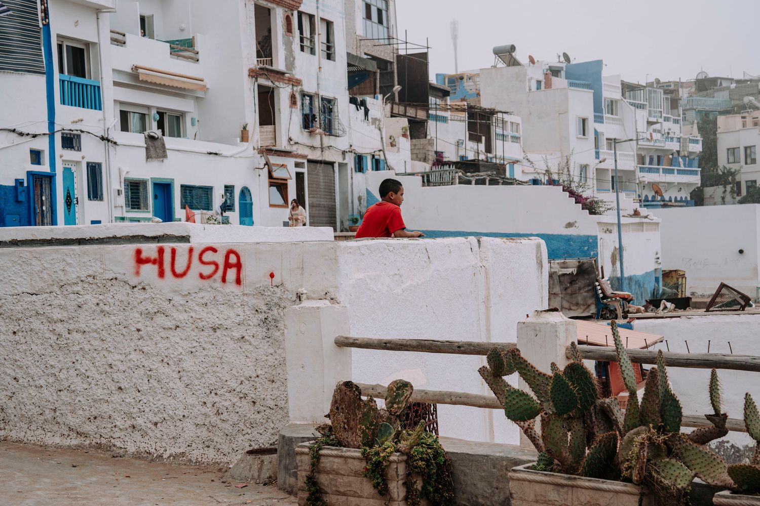 White buildings with blue accents and cactus plants growing along a hillside street.