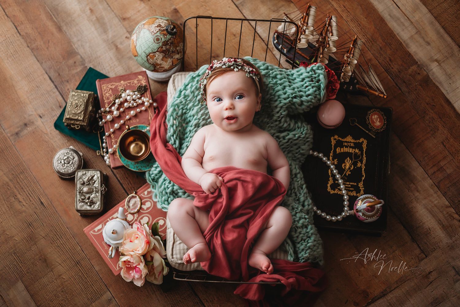 Tampa Baby Photographer- Baby in bed with Marie Antoinette theme