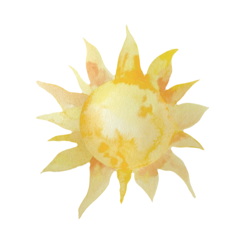Watercolor illustration of a bright yellow sun with radiating pointed rays.