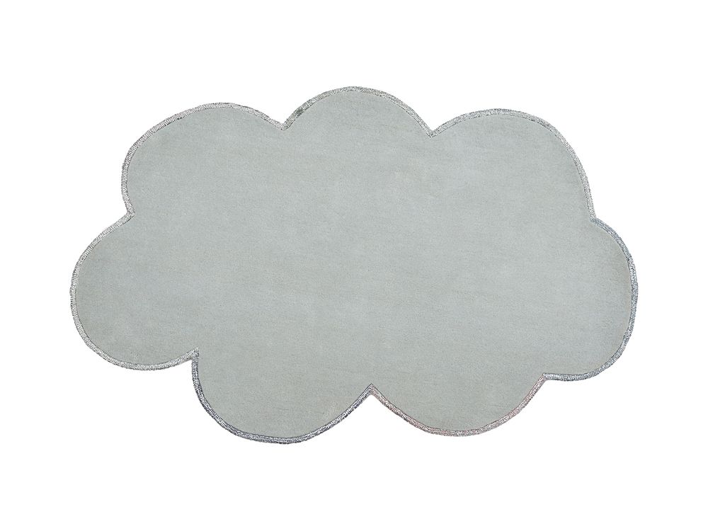 Light grey cloud shaped rug with soft fluffy texture on white background.
