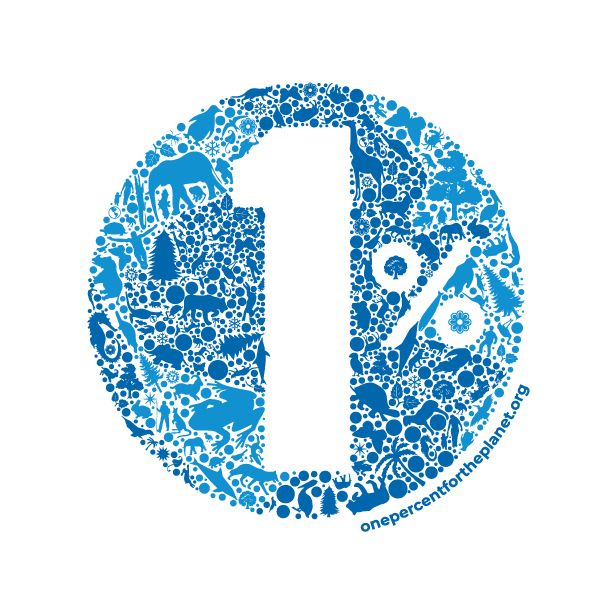 Blue circular logo design made up of small icons and symbols with number one percent.