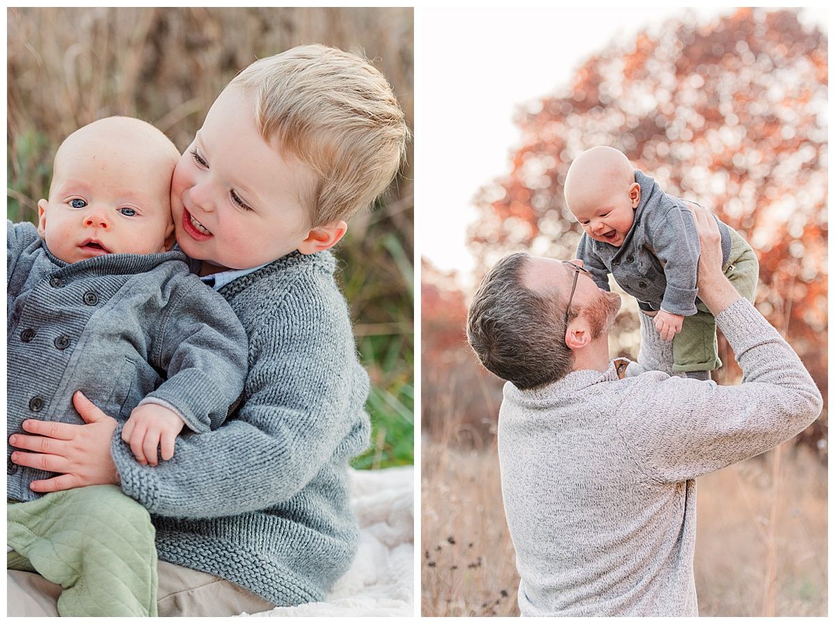 Candid family photos of dad toddler and baby brother in Zionsville Starkey Park during Golden Hour