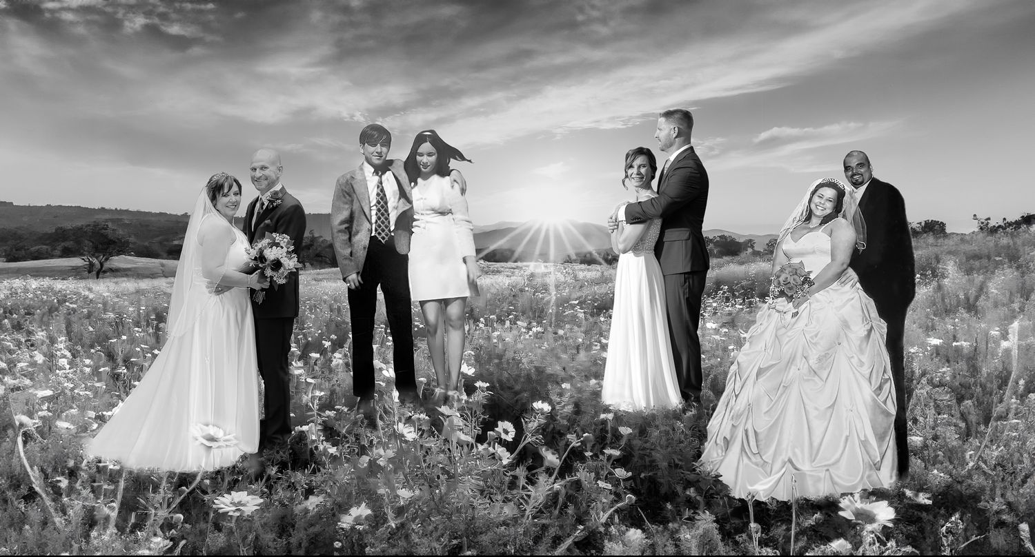 Black and white wedding photo series in rustic outdoor setting with tall grass.