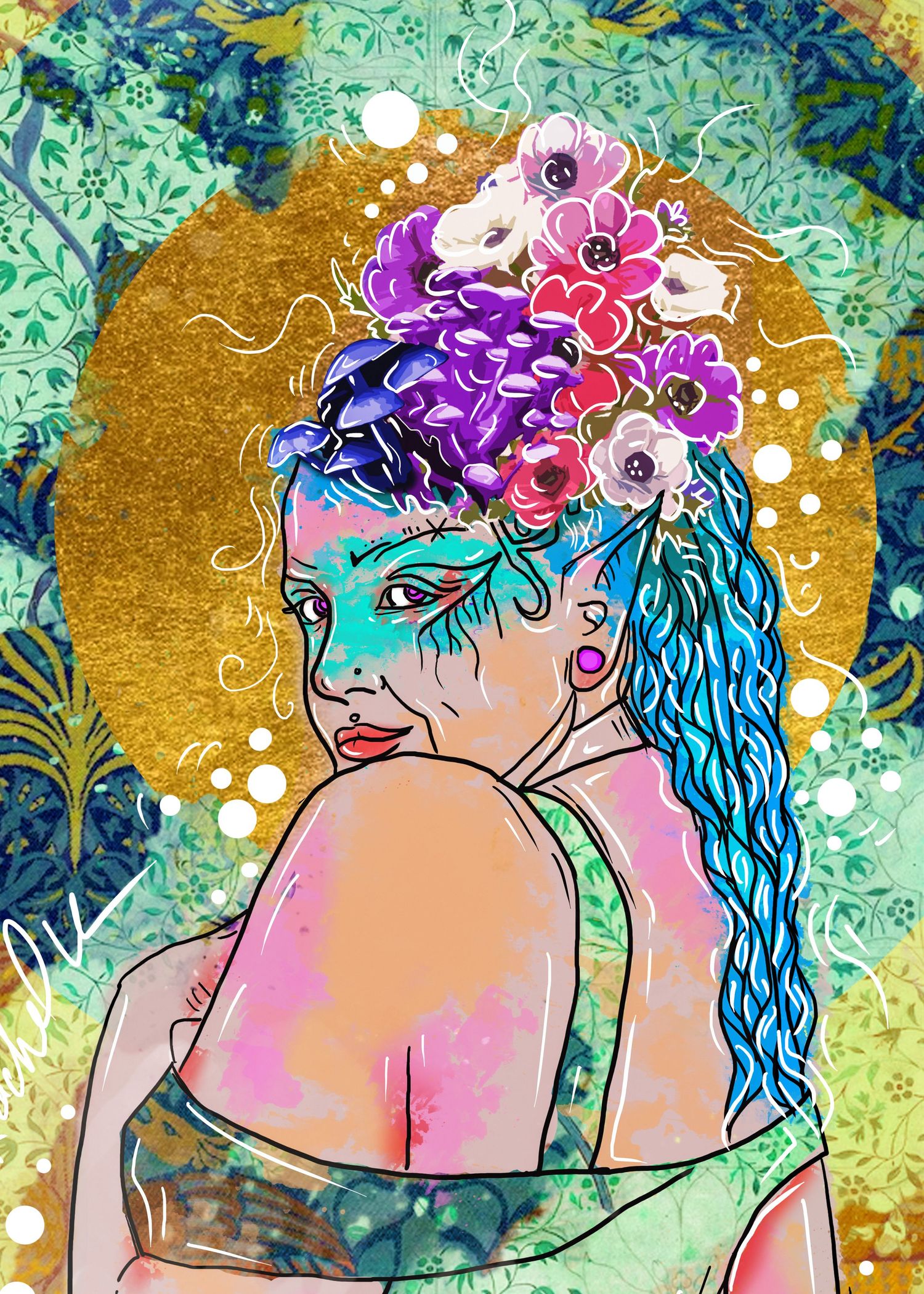Colorful digital art portrait with teal skin and floral hair decorations against a golden background.