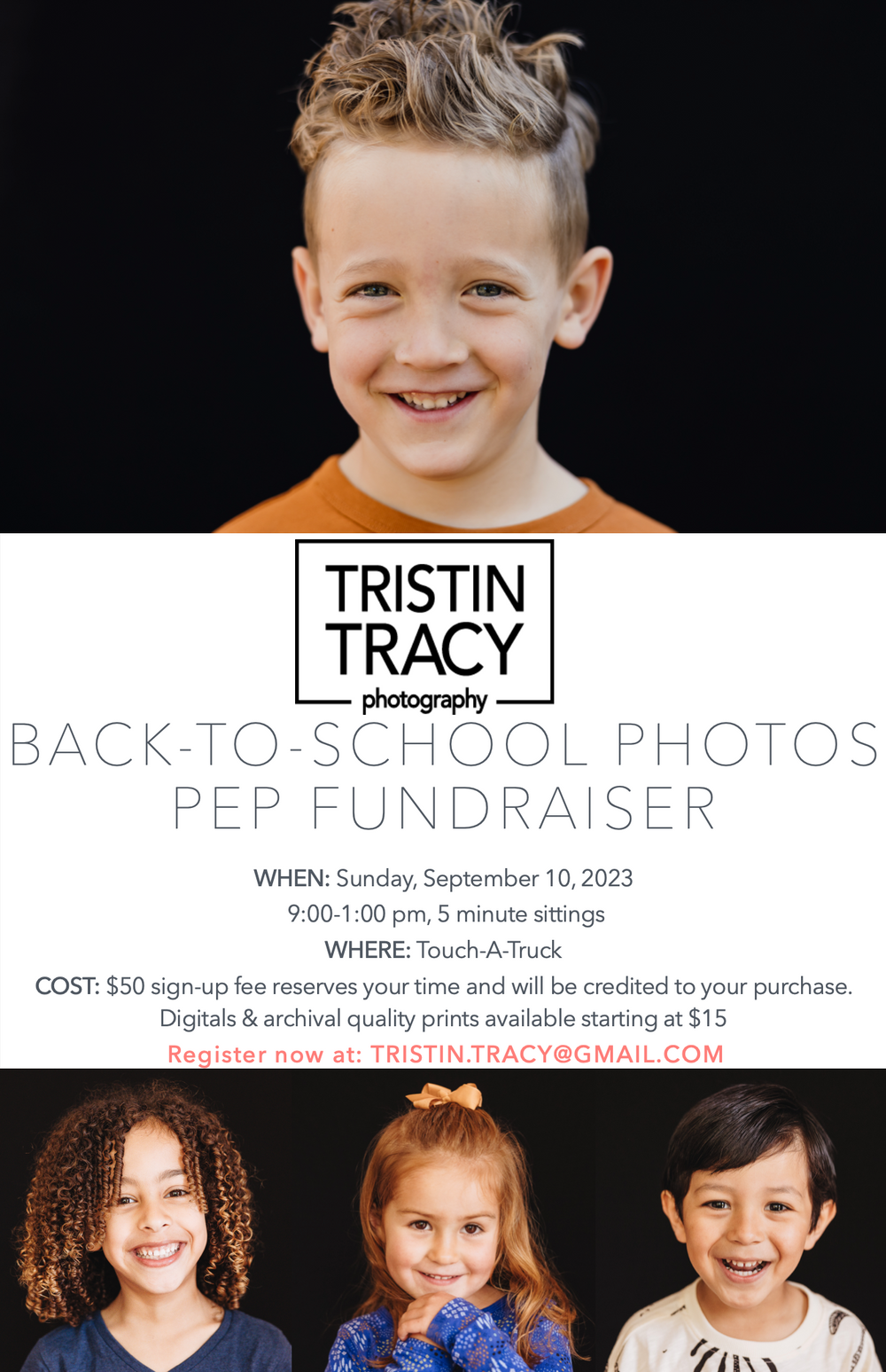 Back to school photo fundraiser advertisement with pricing and event details.