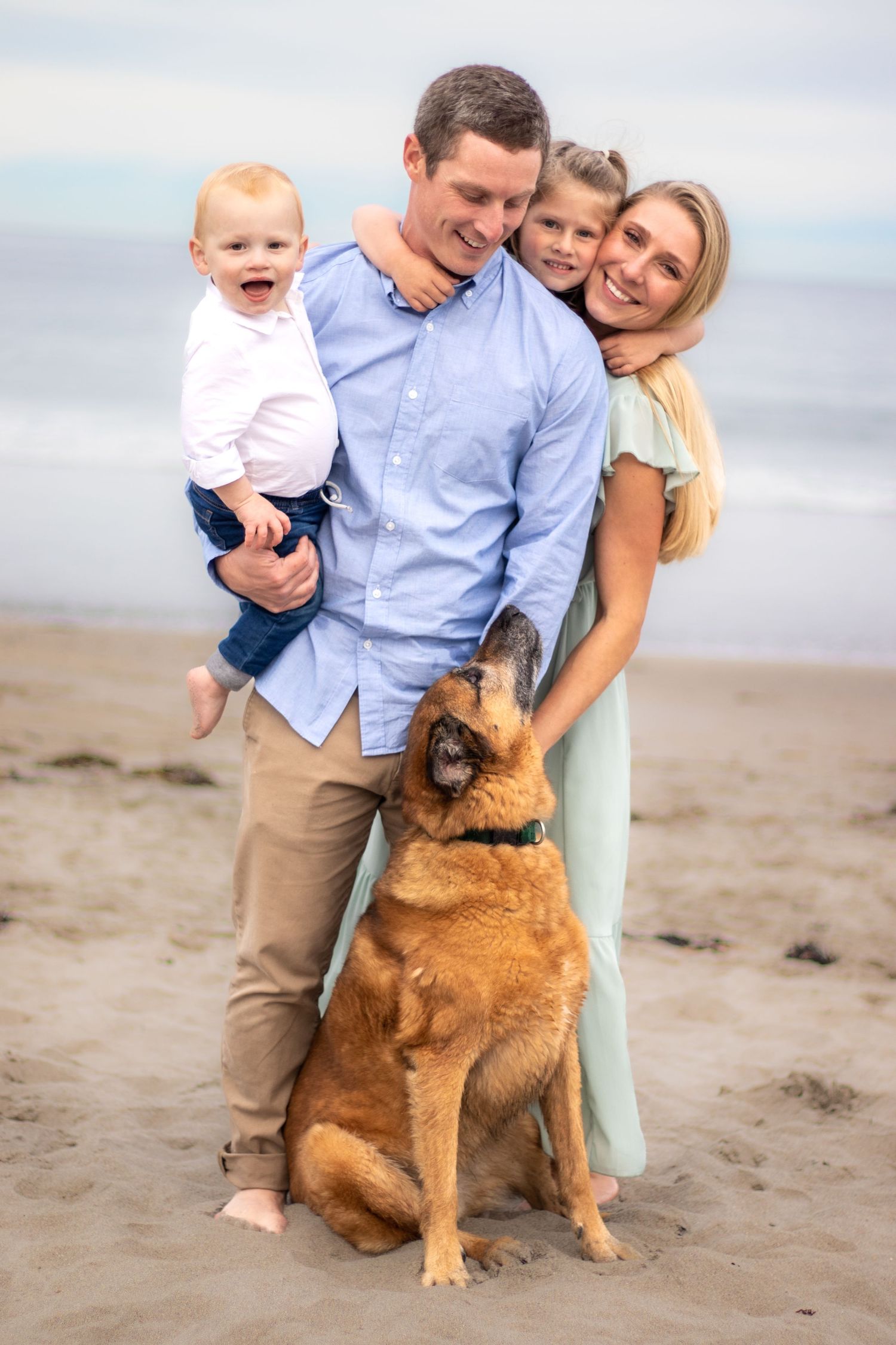 Summer Family Portraits. Beach family portrait with large brown dog sitting in the sand. photographer near me Nashua Photographer