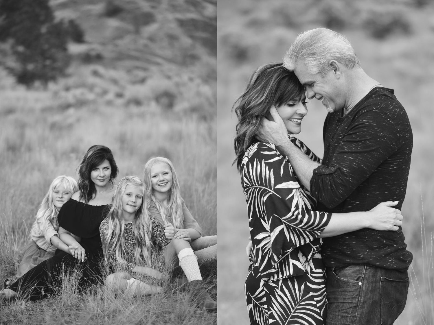 Two black and white portrait photos showing family moments outdoors in Kelowna B.C.