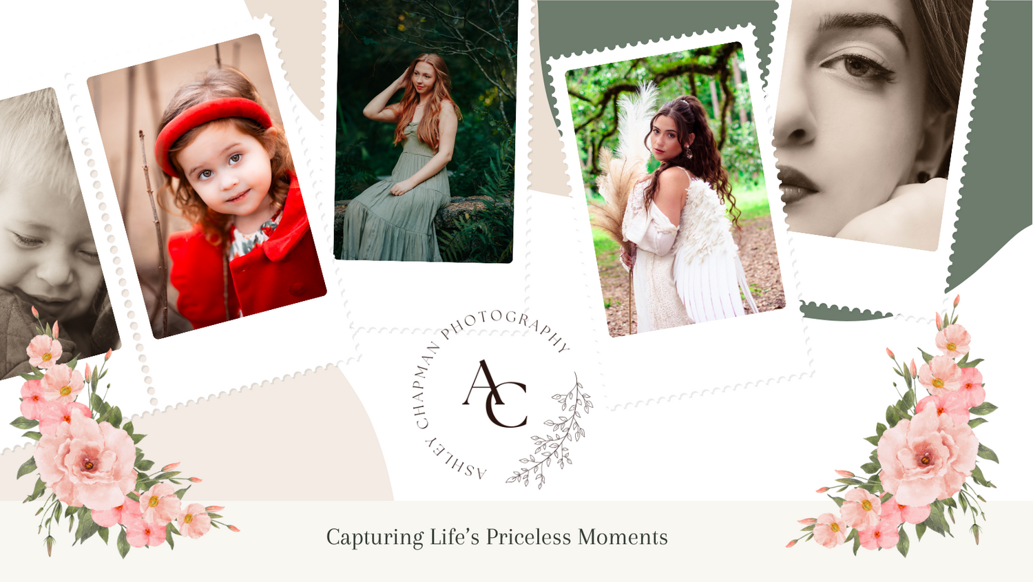 Photography studio logo design with vintage photo frames and pink floral accents.