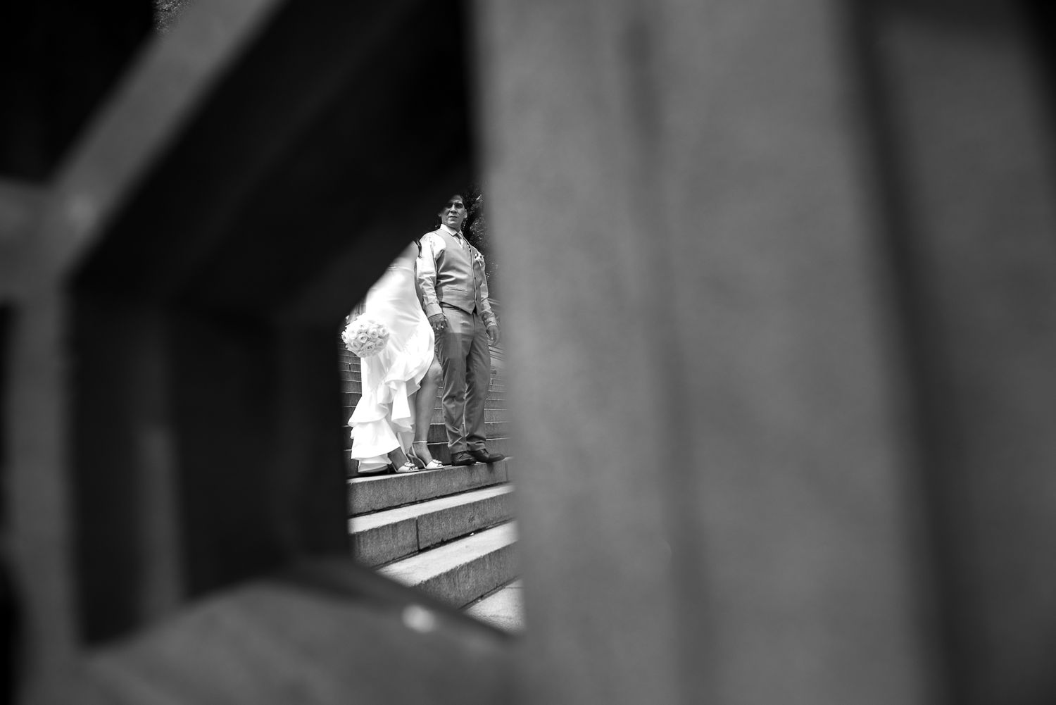 Black and white artistic wedding photography at Bethesda Terrace.
