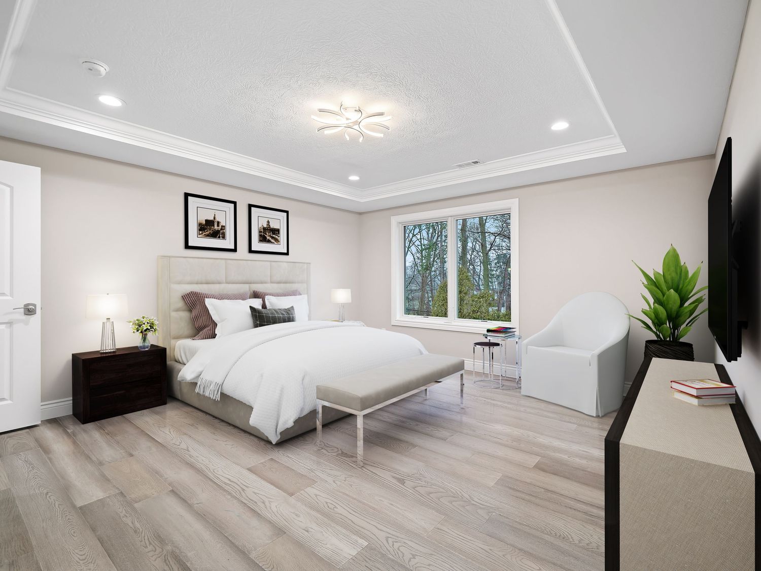 Contemporary bedroom featuring white bedding, wood floors, and floor-to-ceiling windows.
