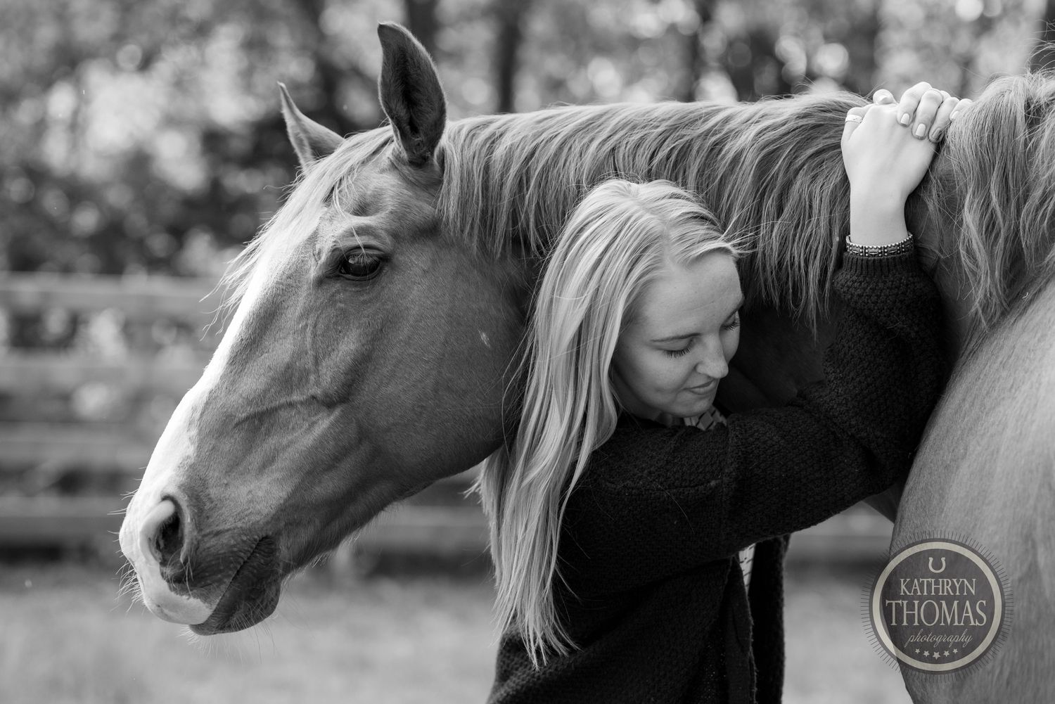 A black and white close-up of a horse's profile with companion showing affection.