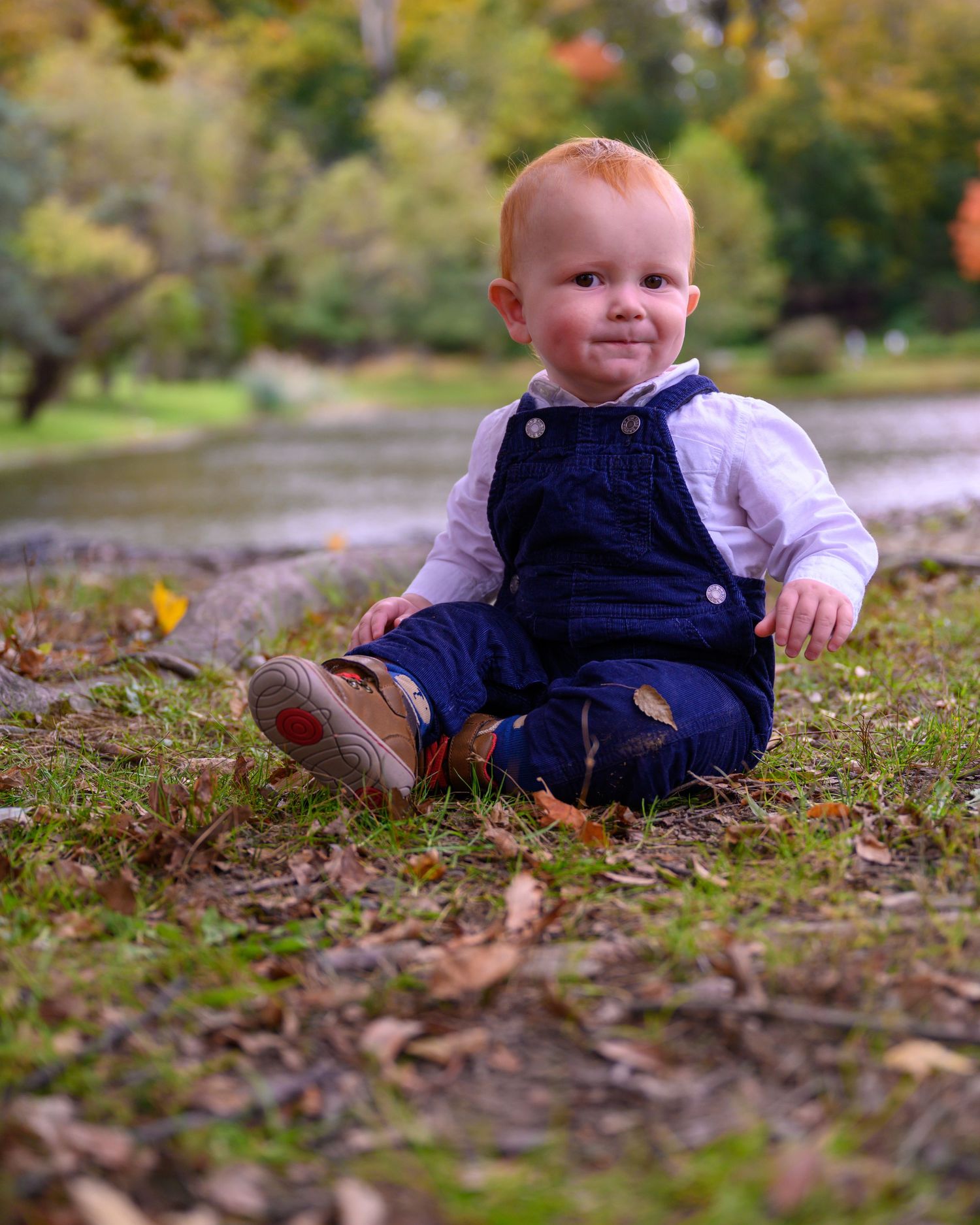 A toddler in navy overalls sits on autumn leaves in a park setting.