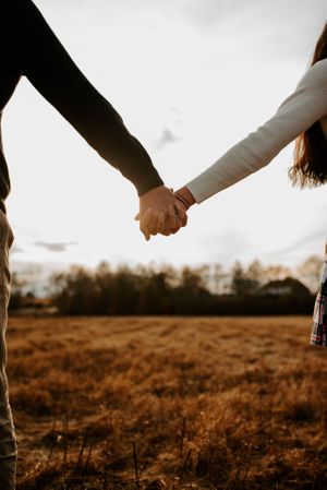 Silhouetted couple holding hands against a sunset in an autumn field.