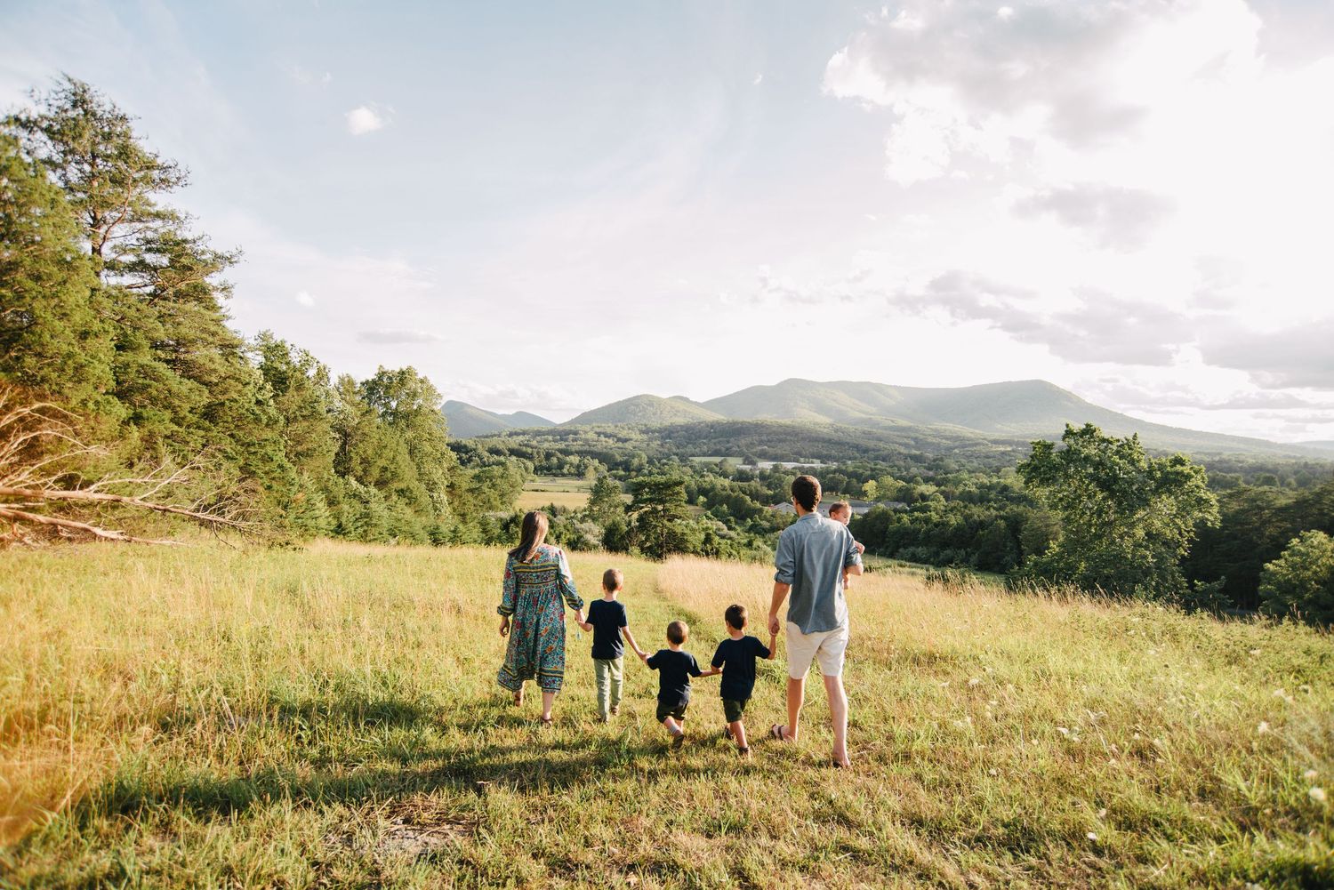 Family silhouettes standing together on a hilltop overlooking a scenic mountain landscape.