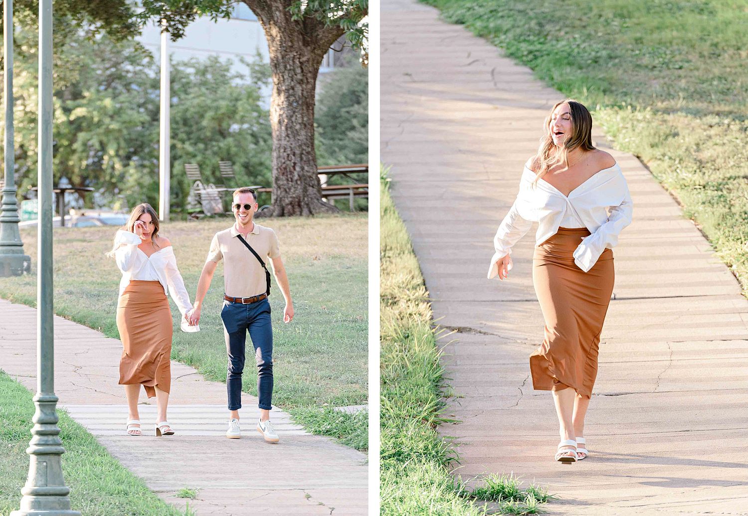 Two people walking and dancing along a path surrounded by grass and trees.