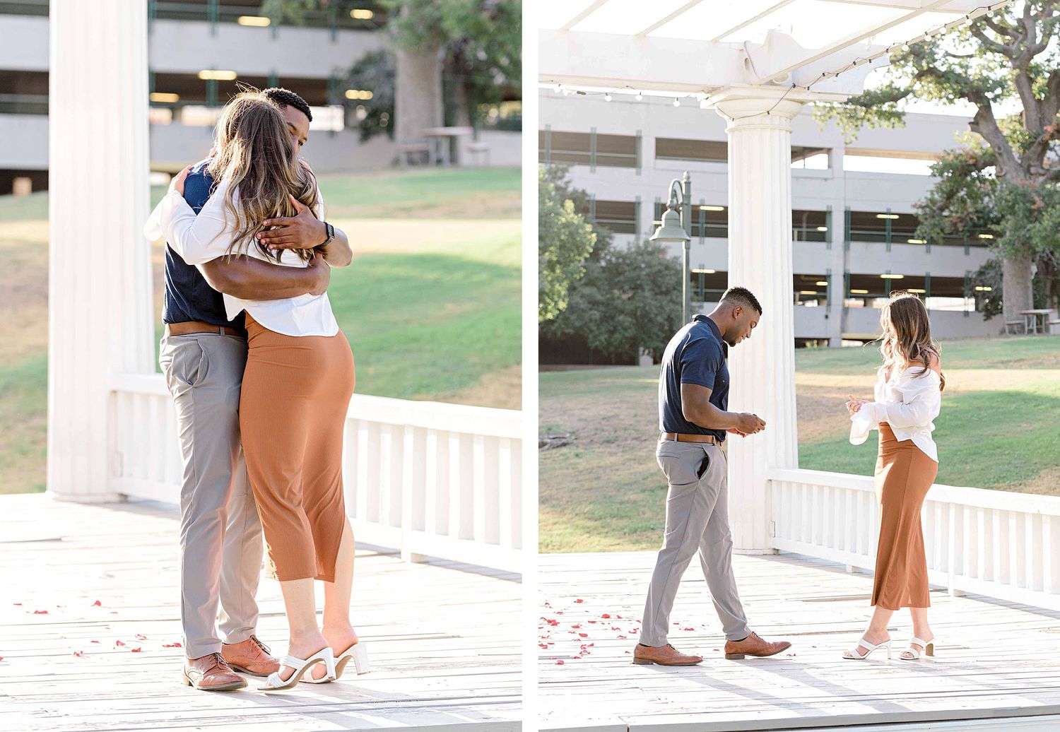 Two photo collage showing a romantic moment between a couple under a white gazebo structure.