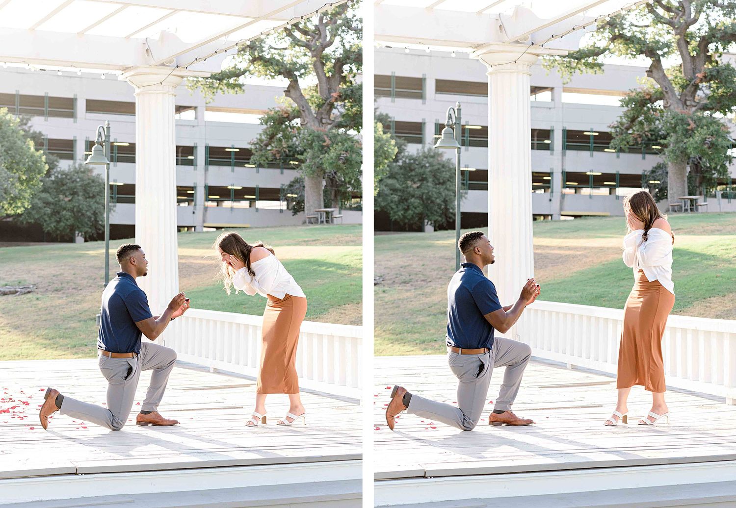 Side-by-side photos capturing a surprise proposal moment under a white gazebo.