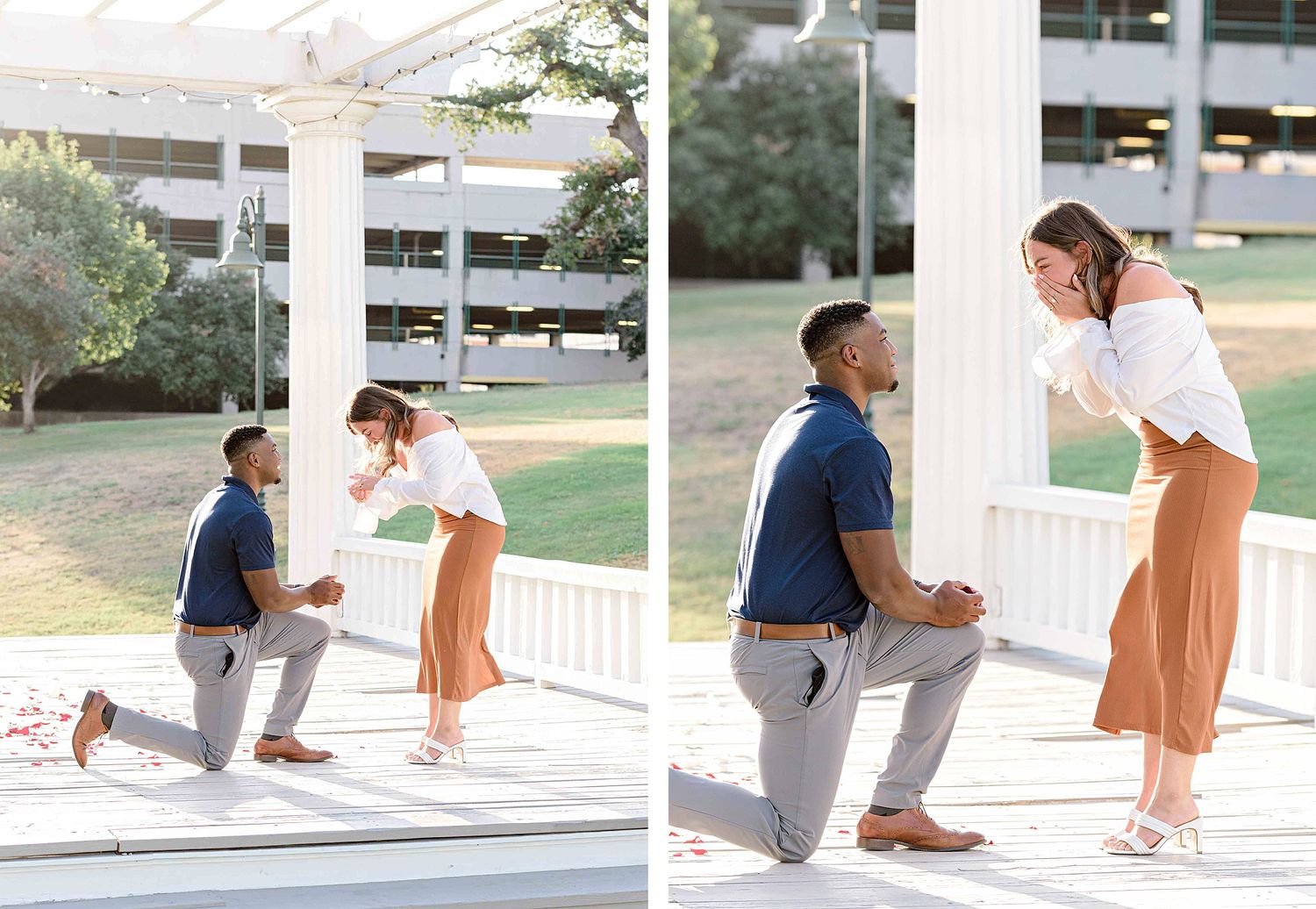 Side-by-side images showing a proposal sequence under a white gazebo structure.