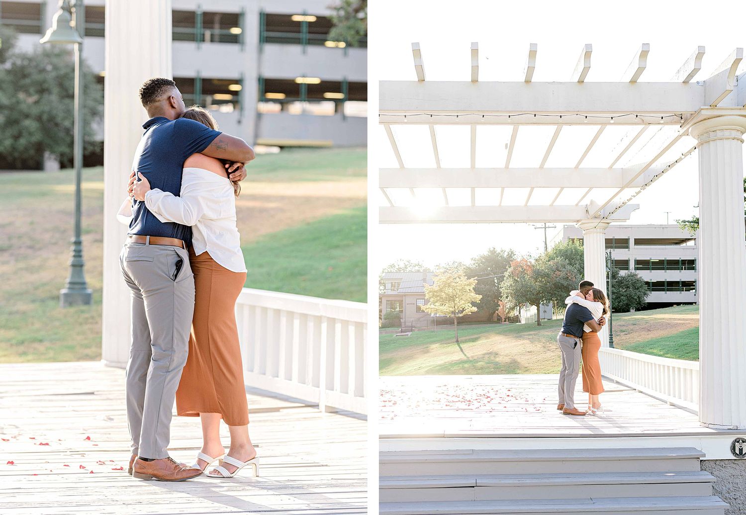 Two images showing tender moments between a couple under a white outdoor structure.