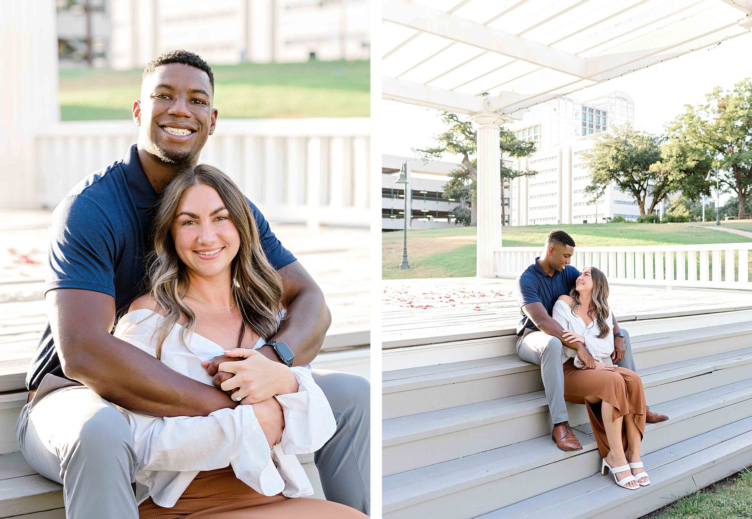 A couple sitting together on white steps in a romantic outdoor portrait session.