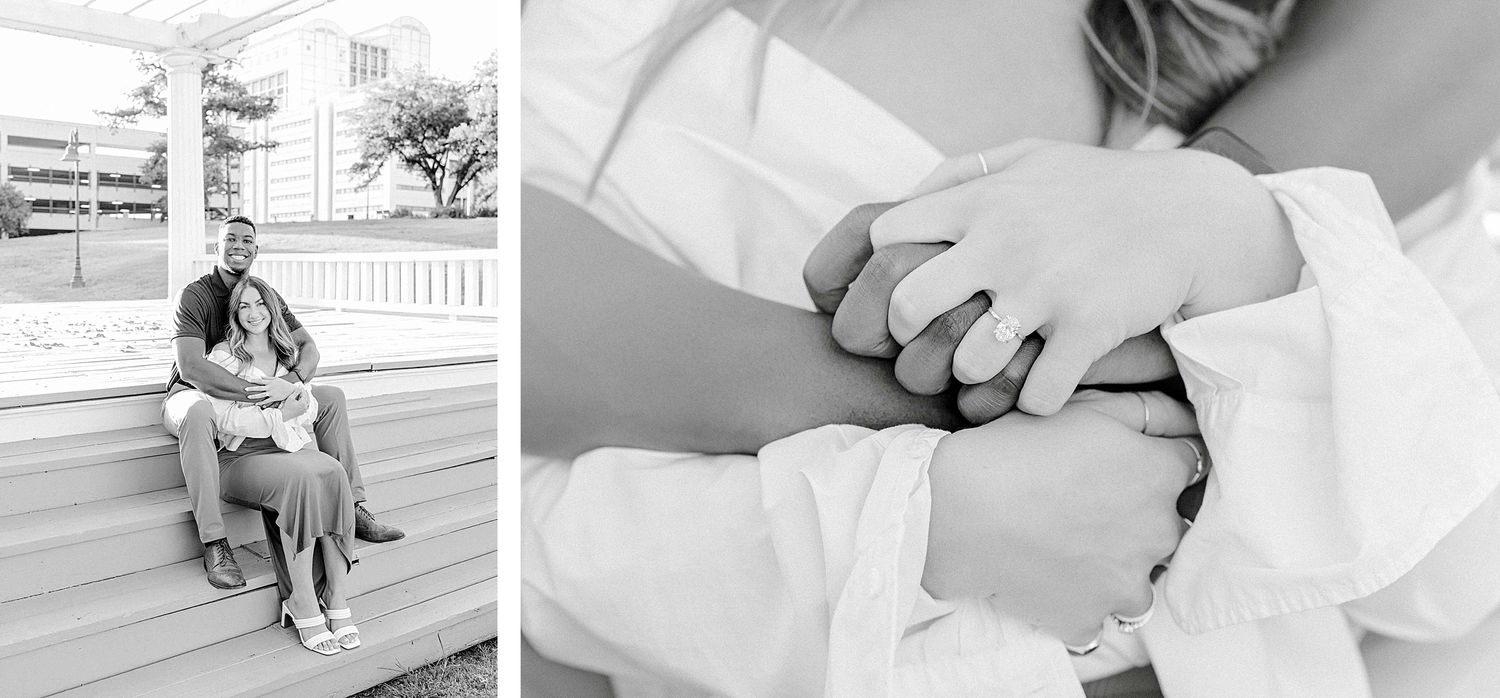 A romantic photo collage showing tender moments between a couple outdoors.