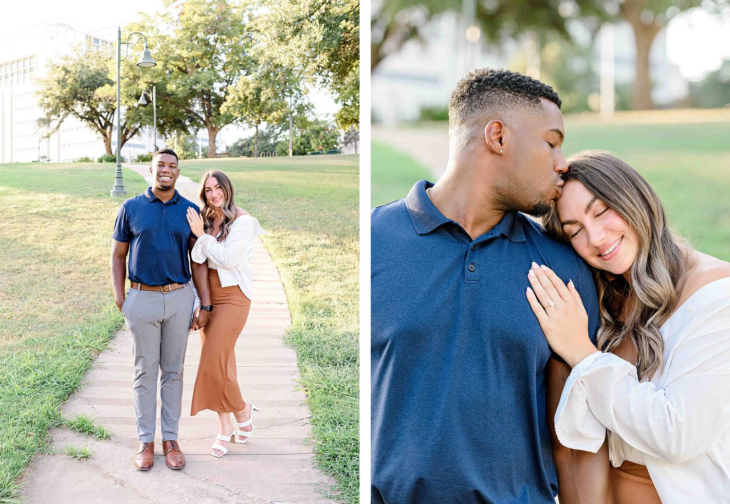 Two side-by-side photos of a couple walking and embracing outdoors.