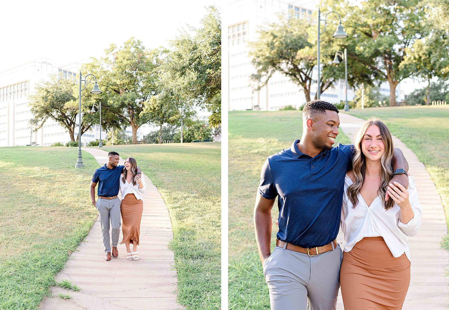 Two side-by-side outdoor photos of a couple walking and laughing together on a path.