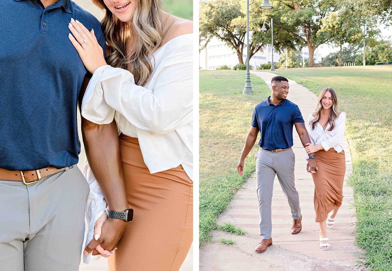 A photo collage showing romantic moments between a couple in coordinated blue and brown outfits.