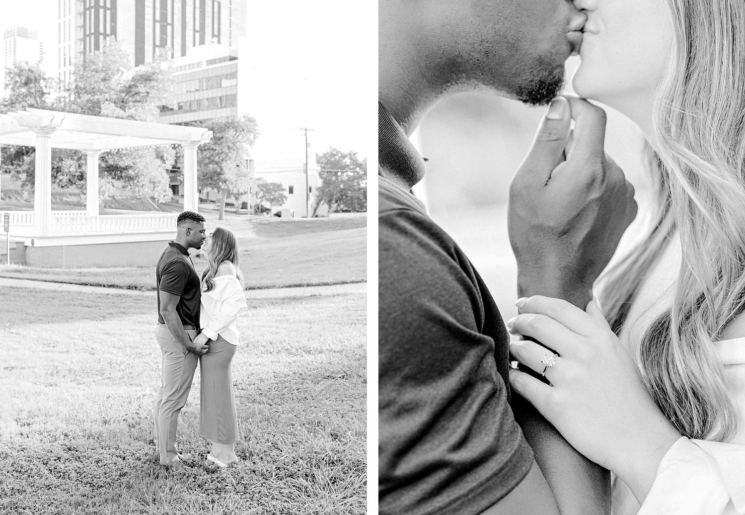 Black and white engagement photos showing tender moments between a couple in an outdoor setting.